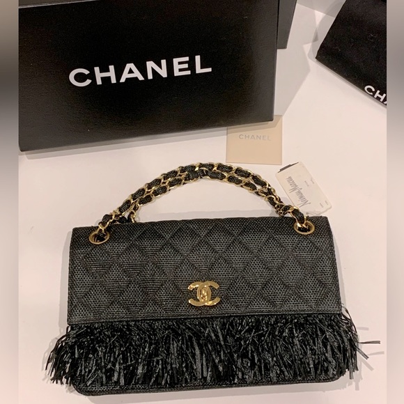 CHANEL 🖤 RARE Vintage Raffia Hemp Straw Quilted Flap Fringe Raw Edge Real Gold - Picture 16 of 16